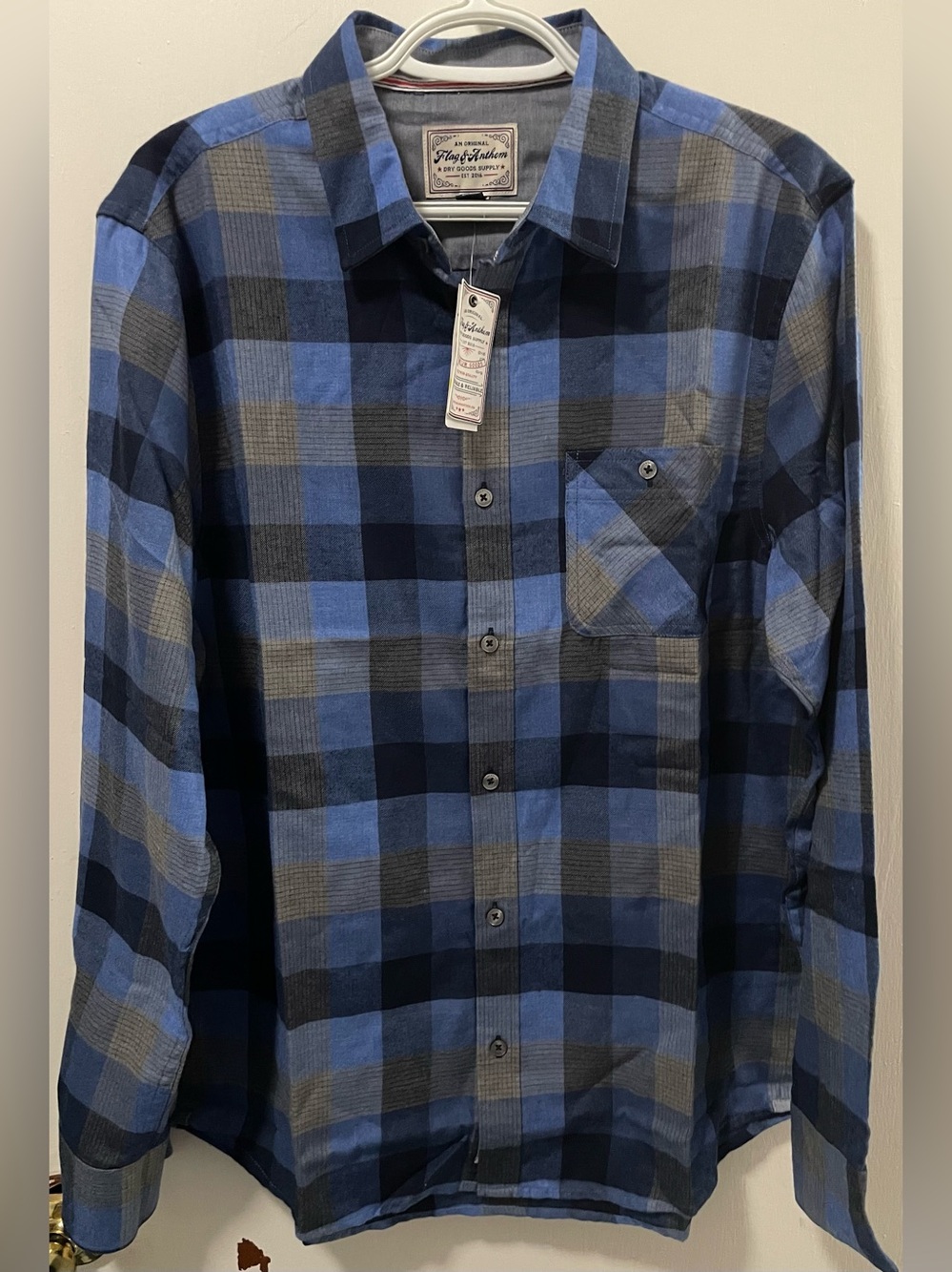 Flag & Anthem Men’s Blue Grey Heather Button Up Flannel Plaid Shirt Size Medium